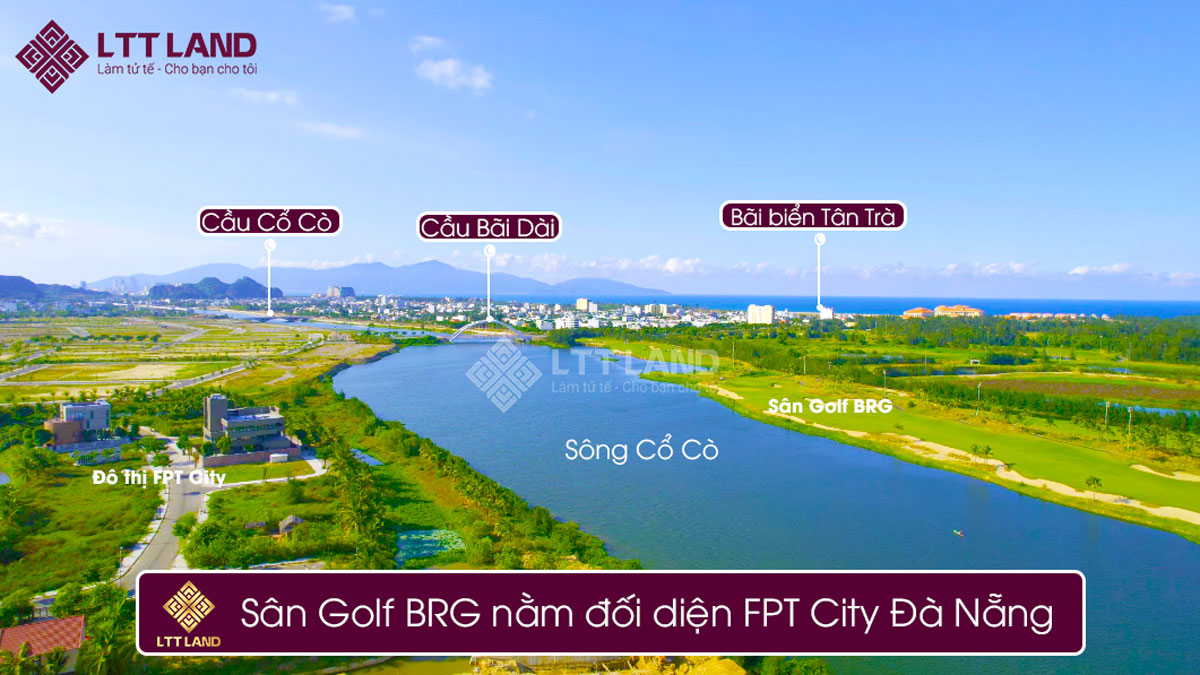 Sân Golf BRG nằm đối diện đô thị FPT, bên kia sông Cổ Cò